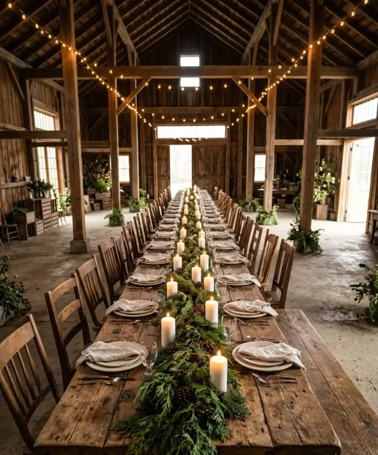 Long farm tables with a evergreen
