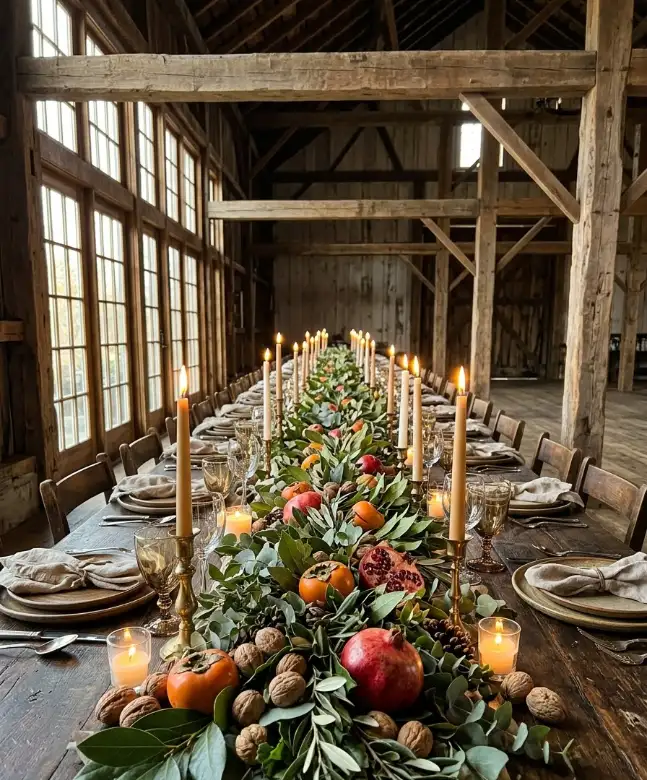 Long-table greenery with fruit and nuts