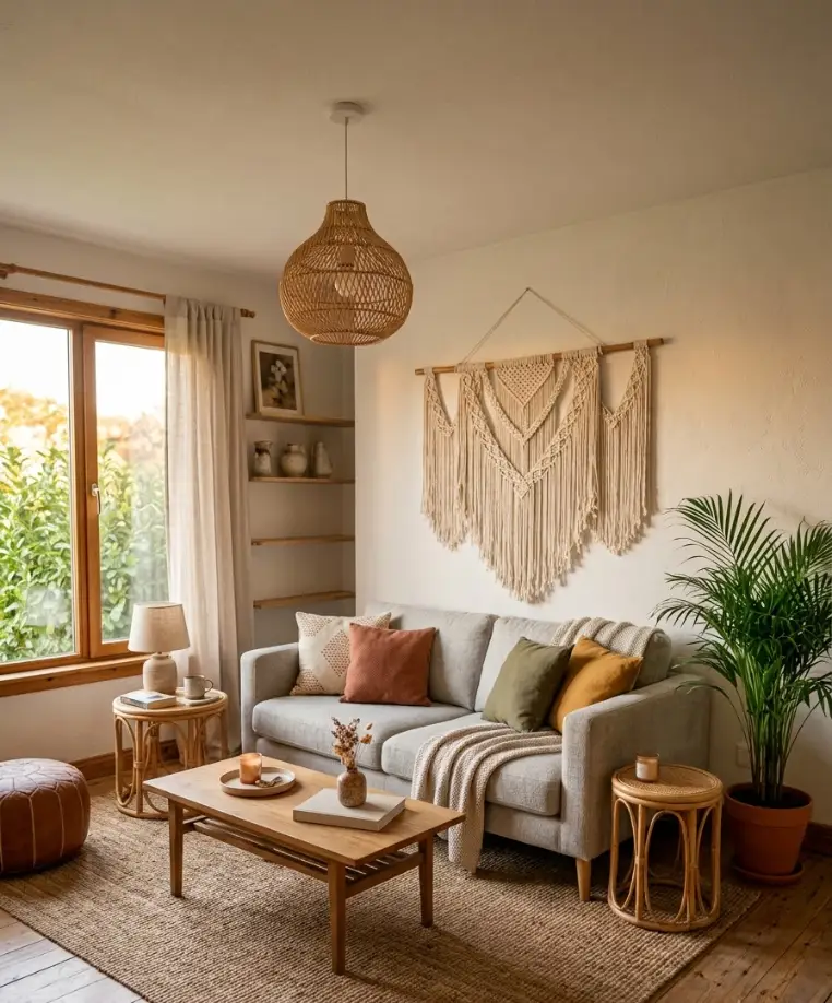 Macramé wall hanging and rattan accents