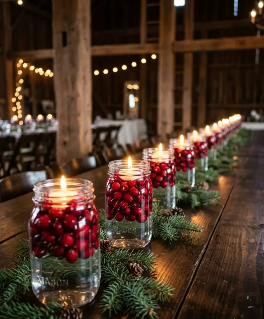 Mason jar centerpieces with cranberries
