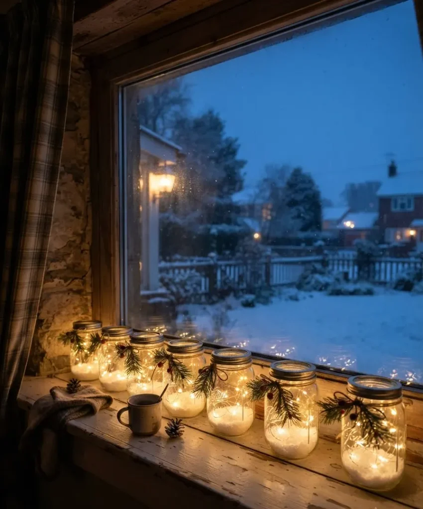 Mason jar lanterns on the windowsill