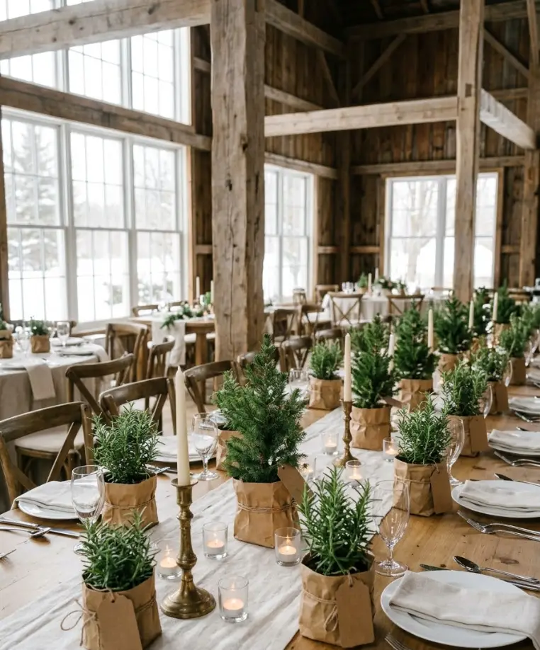 Mini Christmas trees as table numbers