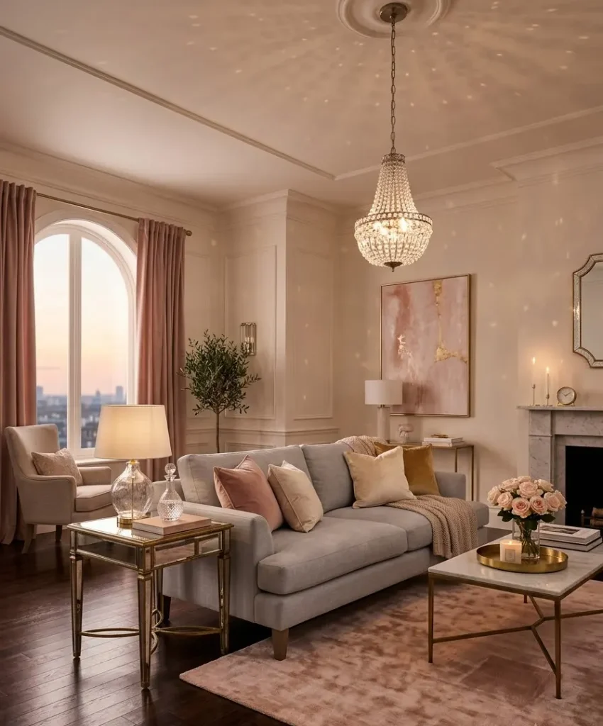 Mirrored furniture and crystal lighting