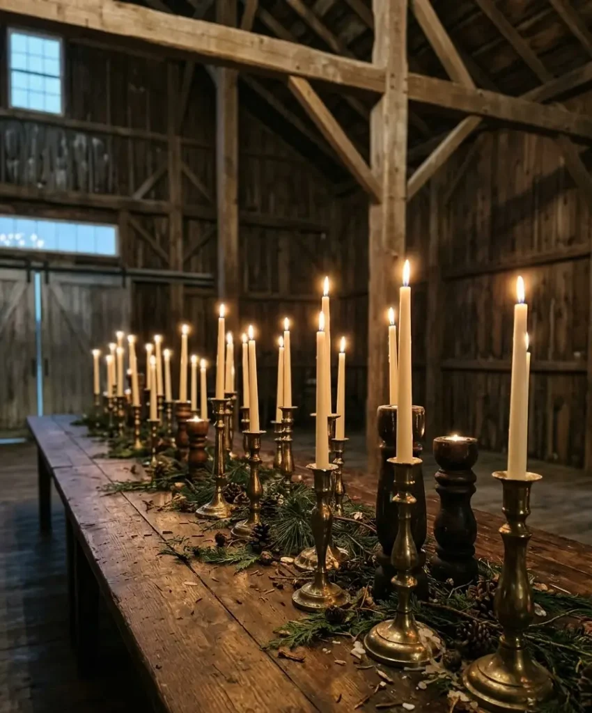Mismatched candlesticks in brass and wood
