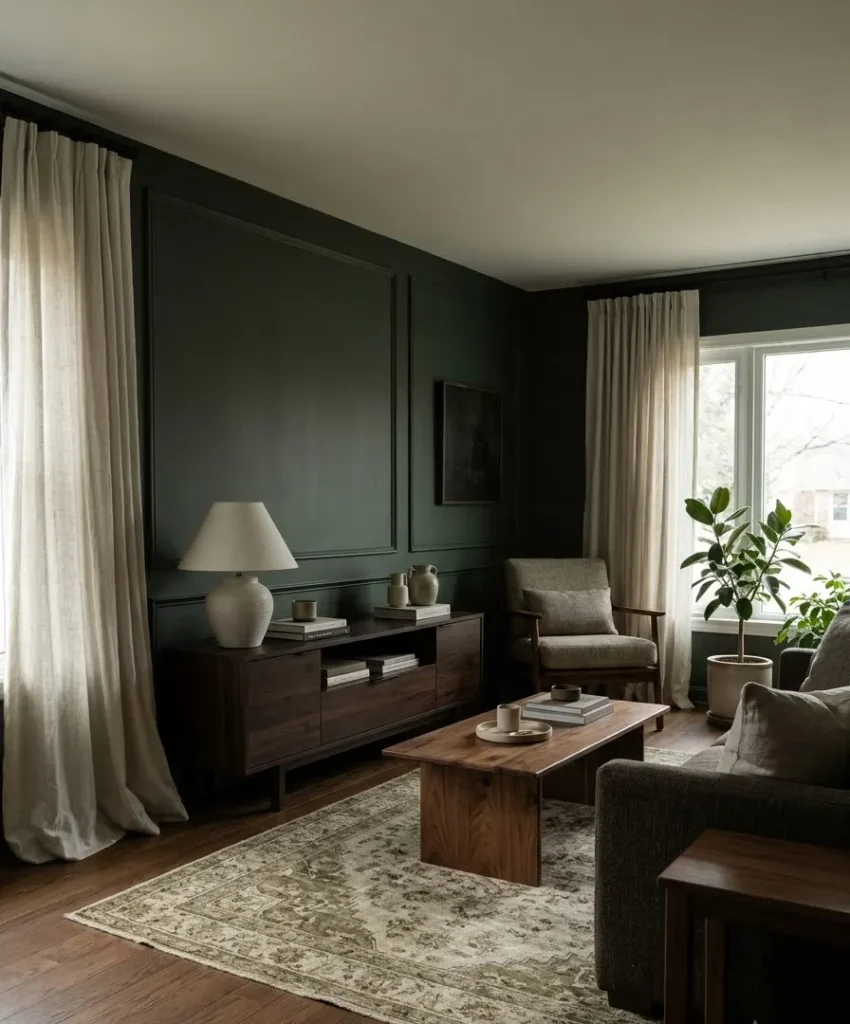 Moody green with dark wood