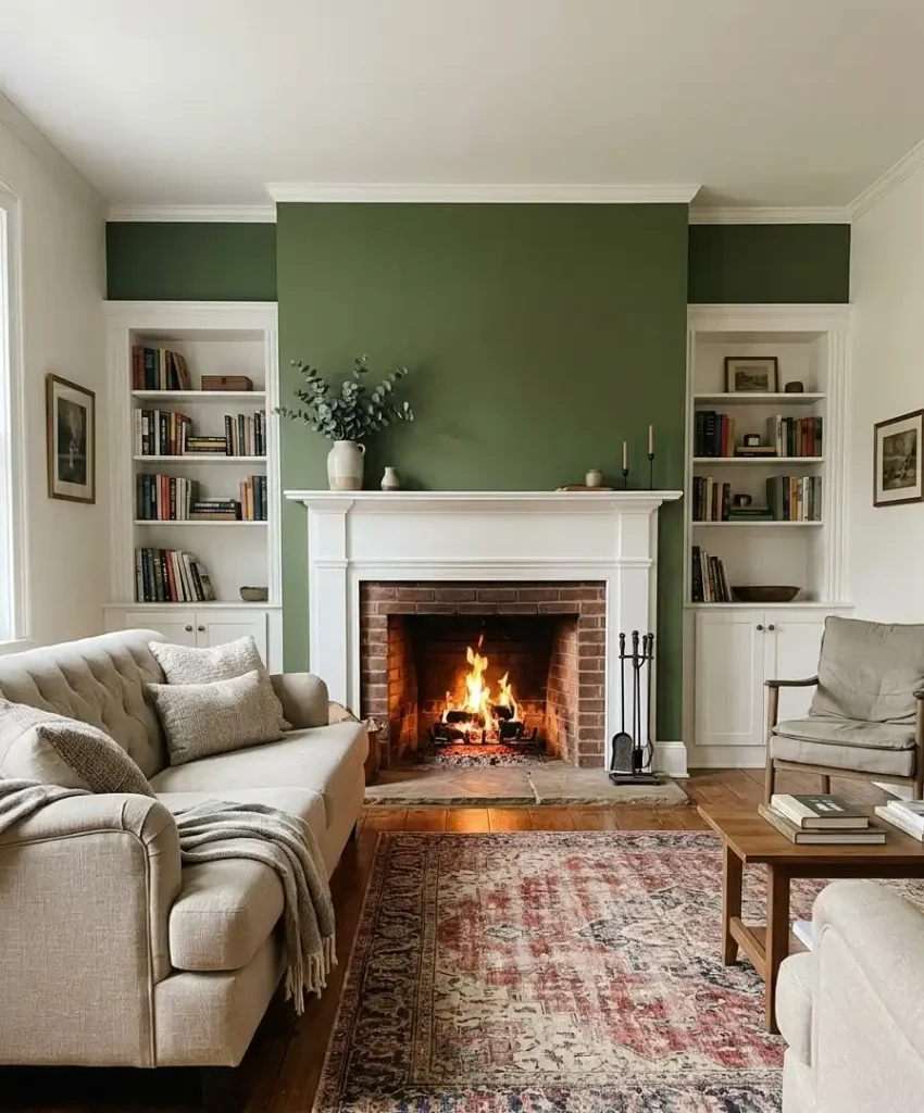  Moss green on the fireplace wall