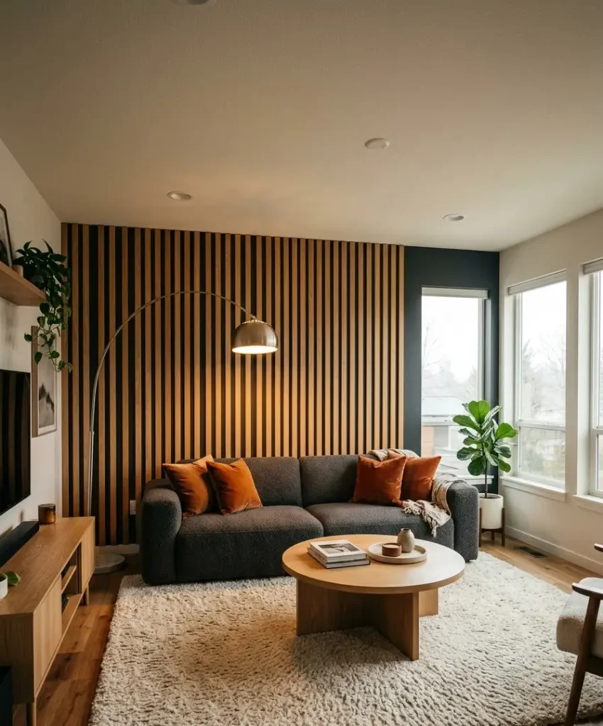 Natural oak slats against a charcoal wall