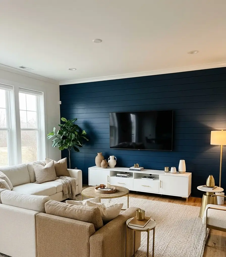 . Navy shiplap behind a white media 