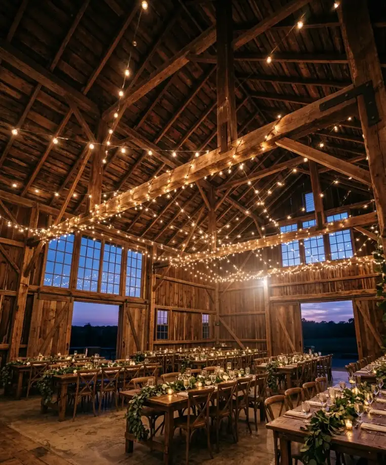 Overhead string lights across the barn