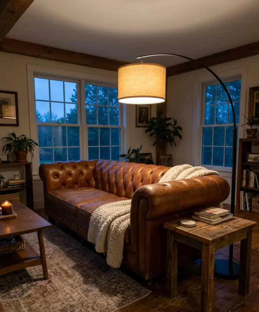 Oversized floor lamp behind one arm