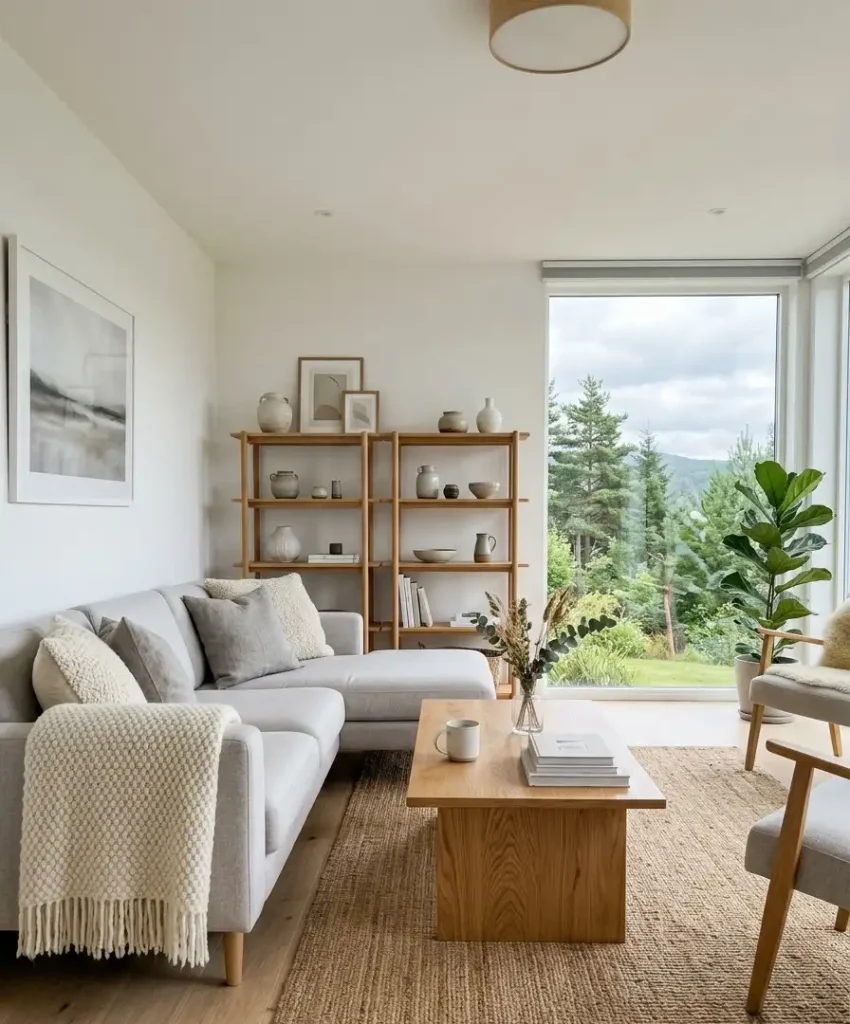 Pale gray sofa with blonde oak
