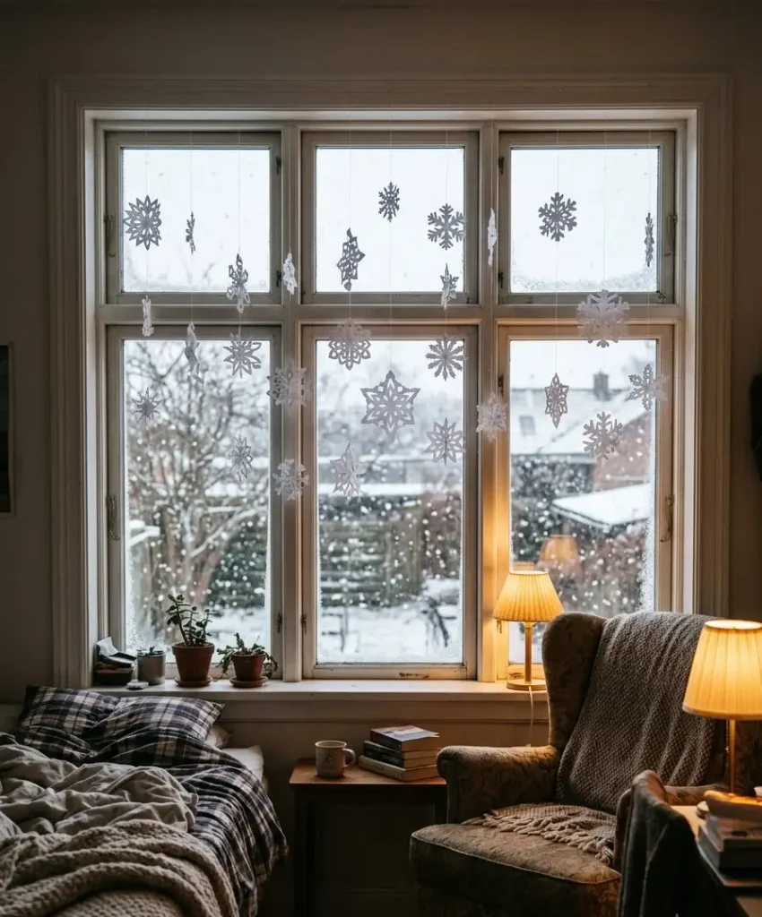 Paper snowflakes on the window
