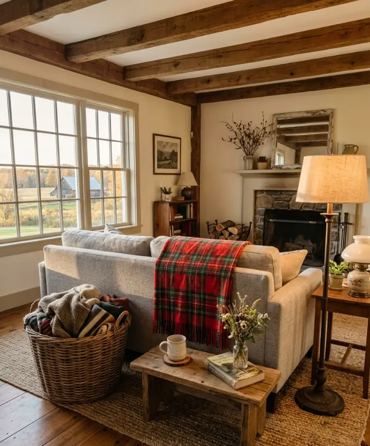 . Plaid throws and woven baskets
