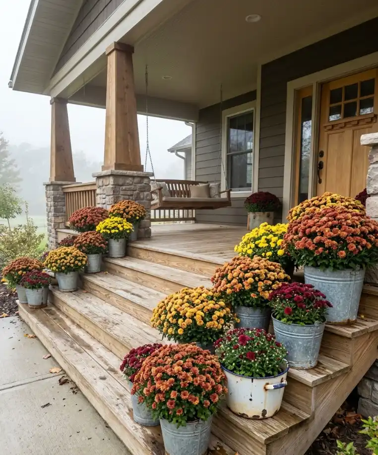 Potted mums in mismatched containers