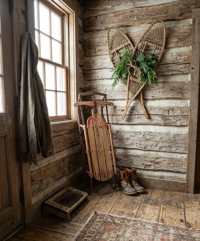 Prop a vintage sled or snowshoes nearby