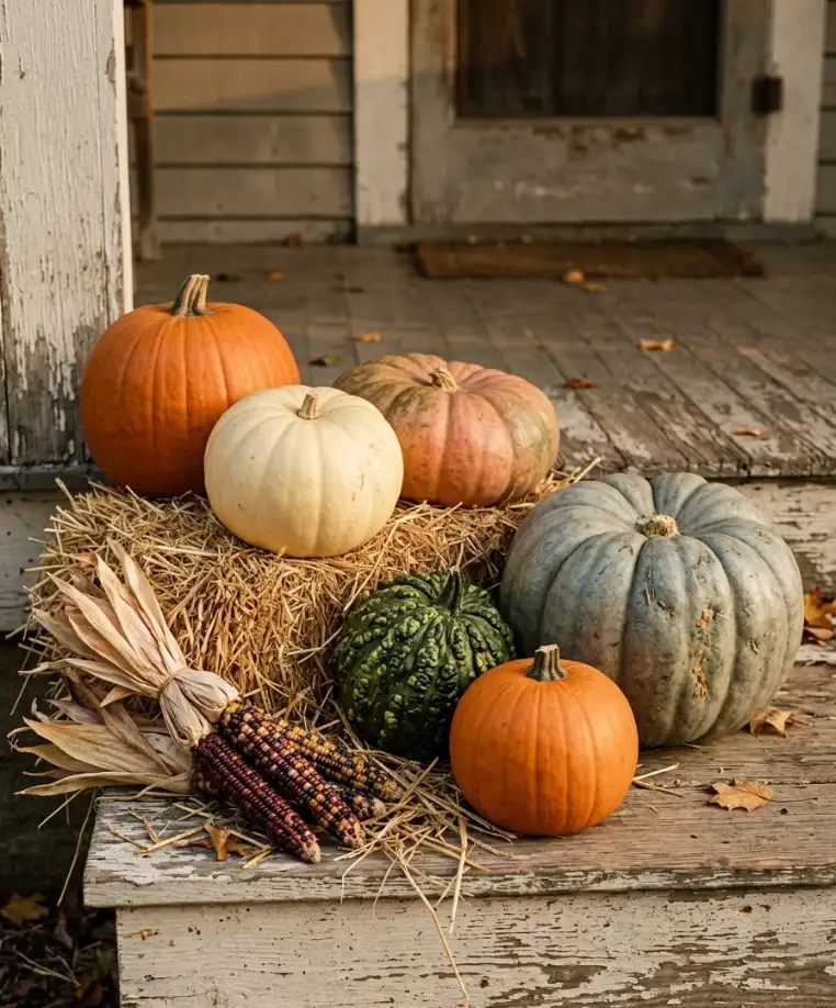 Pumpkins, gourds, and corn
