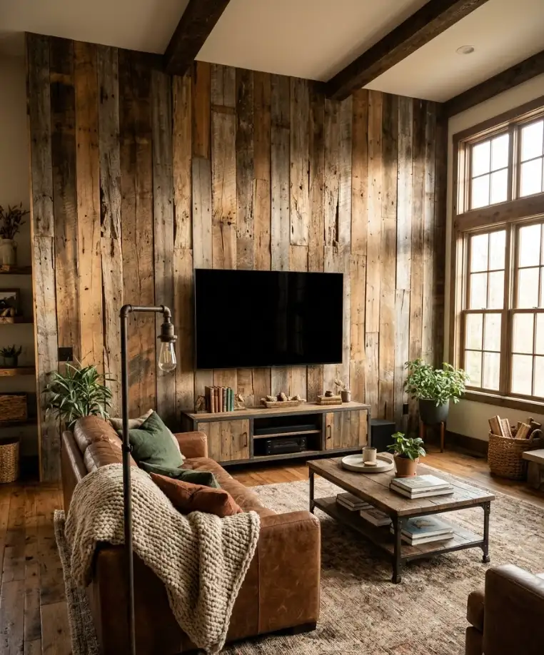 Reclaimed wood plank accent wall