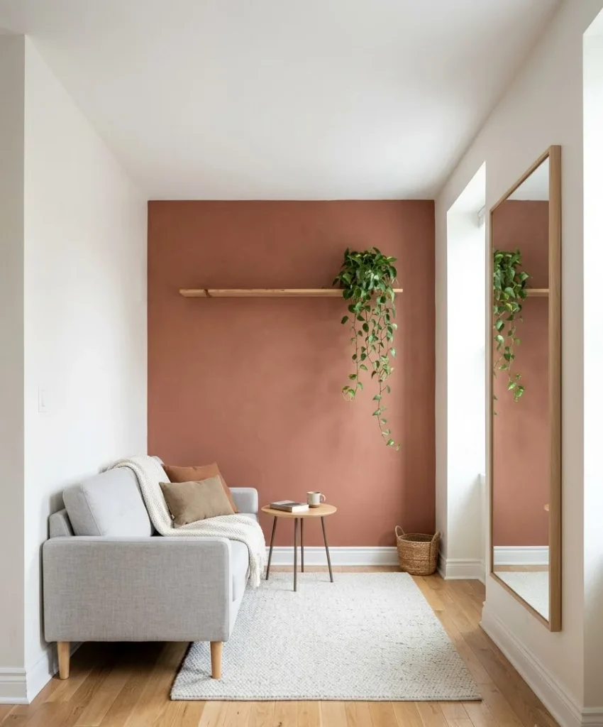 Photorealistic wide-angle DSLR photograph of a fully finished, styled living room with a rust accent wall behind a camel leather sofa, shot on a 24mm lens at f/8 in soft golden-hour light. One walnut console, one large leafy plant, one chunky cream throw, and one oversized artwork complete the restrained, well-edited styling. A warm wool rug and brass lamp add the final layer. Aspirational, polished, dreamy mood with realistic shadows and depth, high dynamic range, 4k, cinematic, no people, no text.