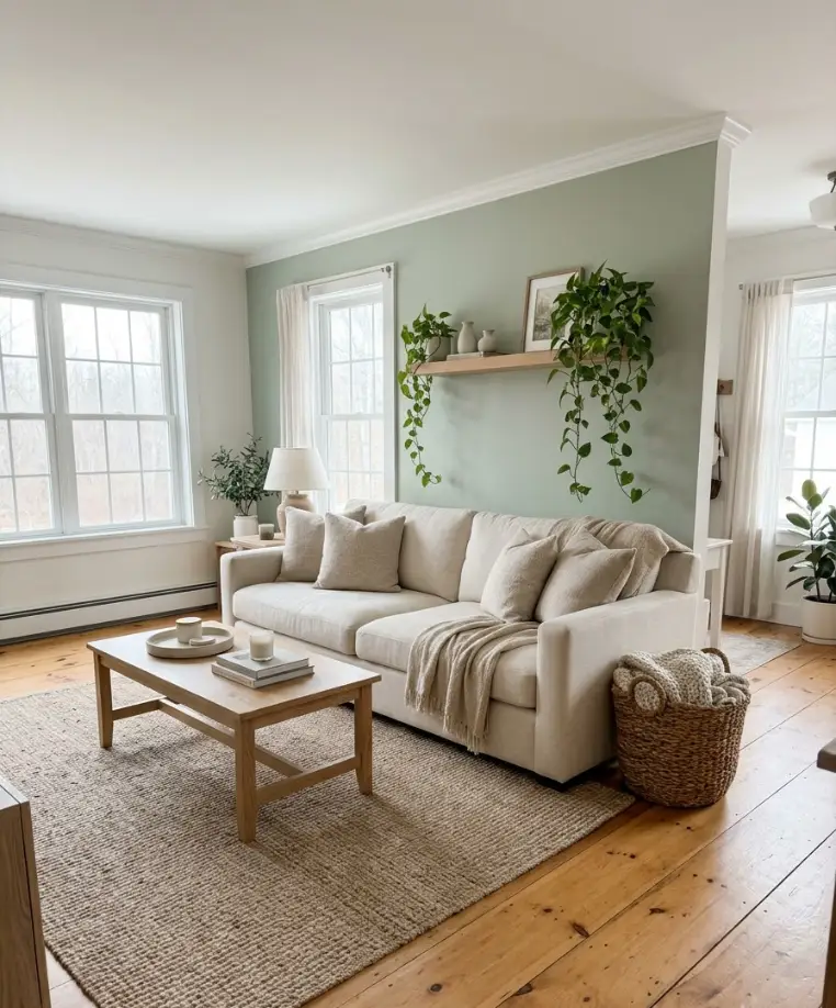 Sage green behind the sofa