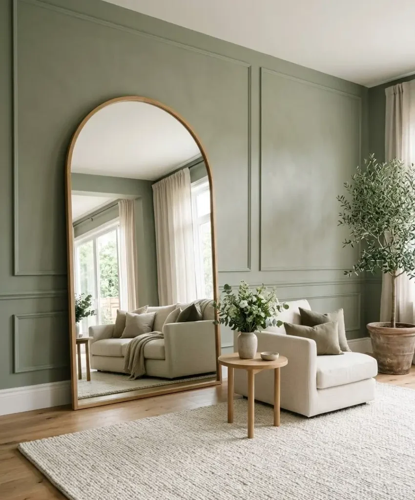Sage wall with a big mirror