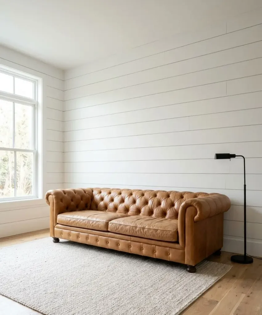 Shiplap behind the sofa