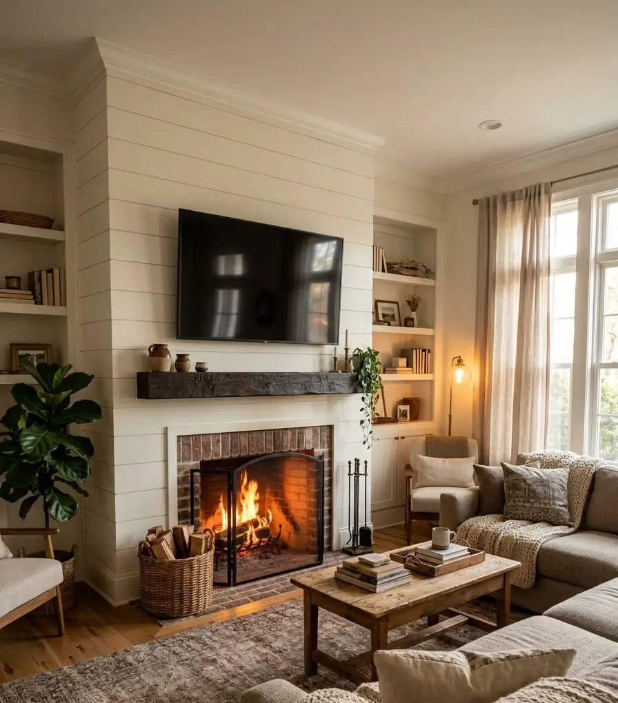 Shiplap fireplace and TV combo wall