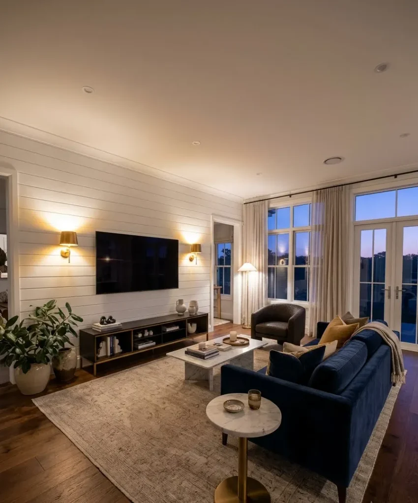 Shiplap with brass sconces