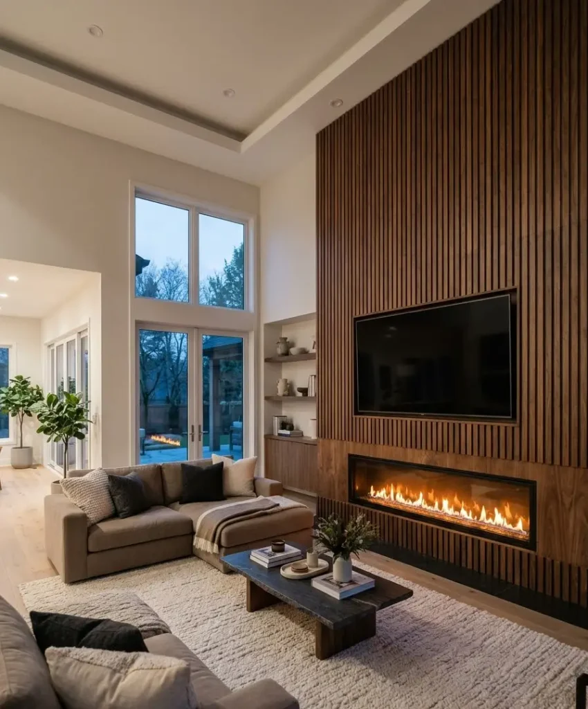 Slat TV wall with a wall-mounted