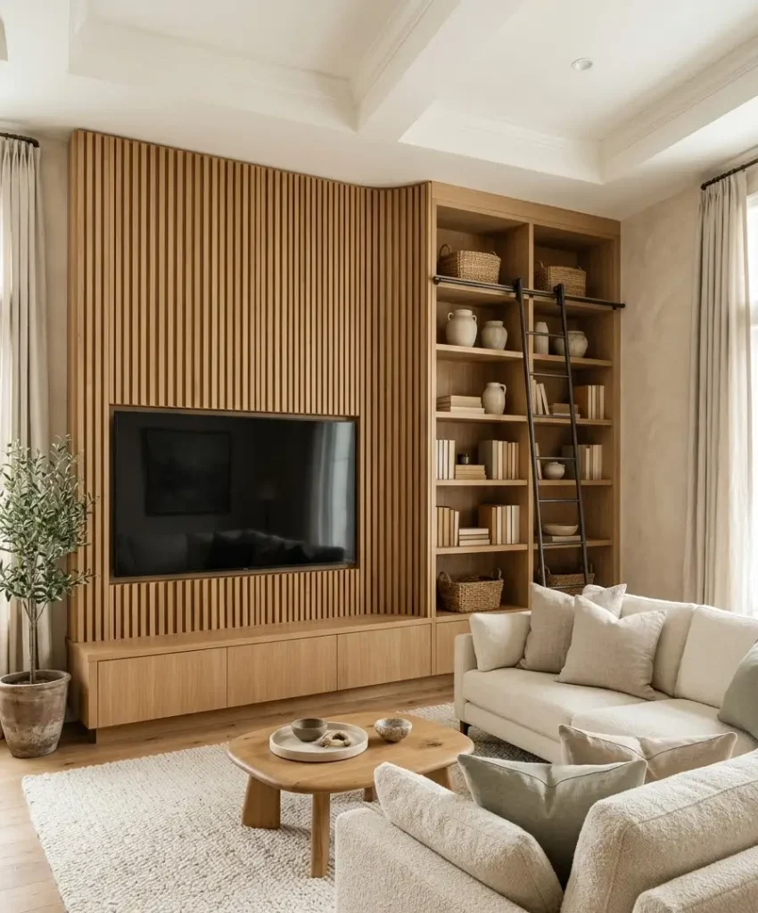 Slat wall that wraps into a bookshelf