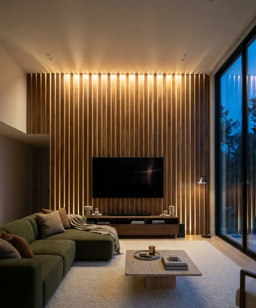 Slat wall with hidden LED strip lighting