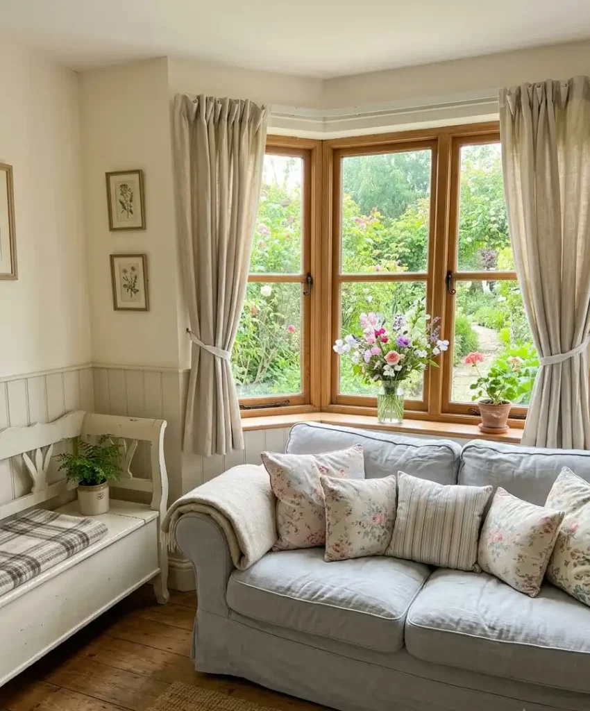 Slipcovered light gray in a cottage nook