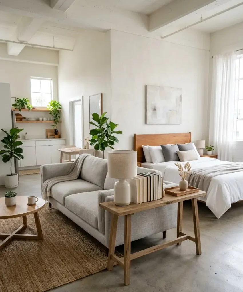 Sofa behind a console table