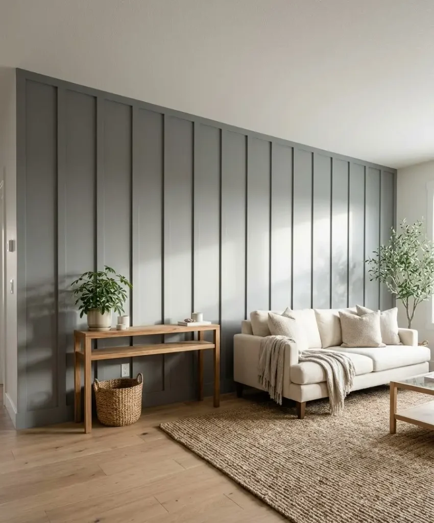 Soft grey wall with camel leather