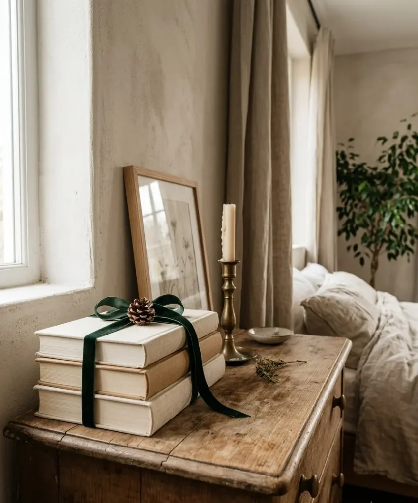Stack of books with a green ribbon
