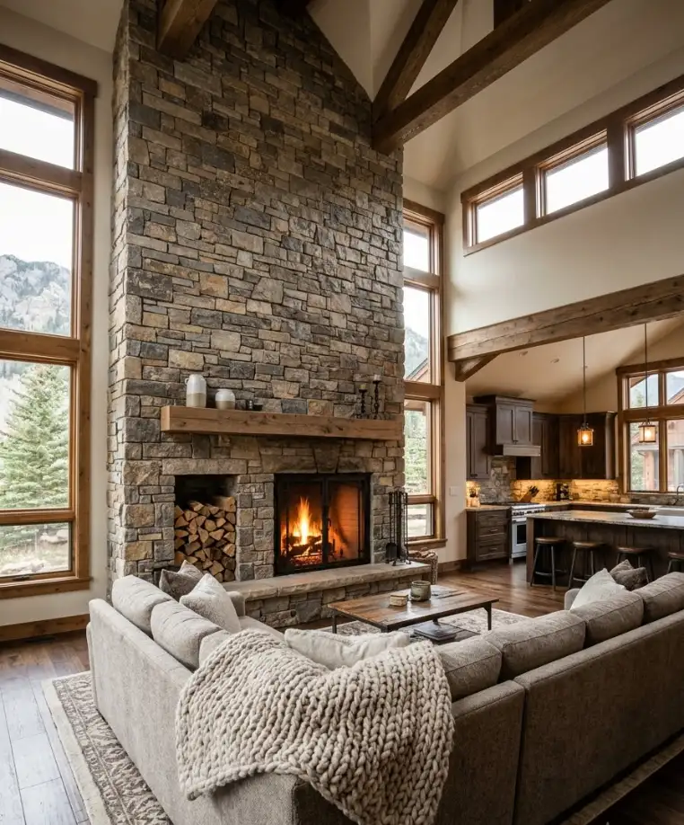 Stacked stone fireplace wall