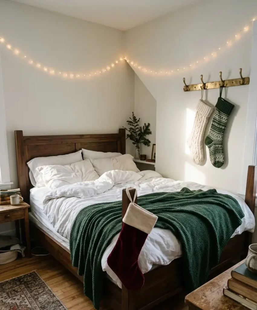 Stockings on the bed frame or wall hooks