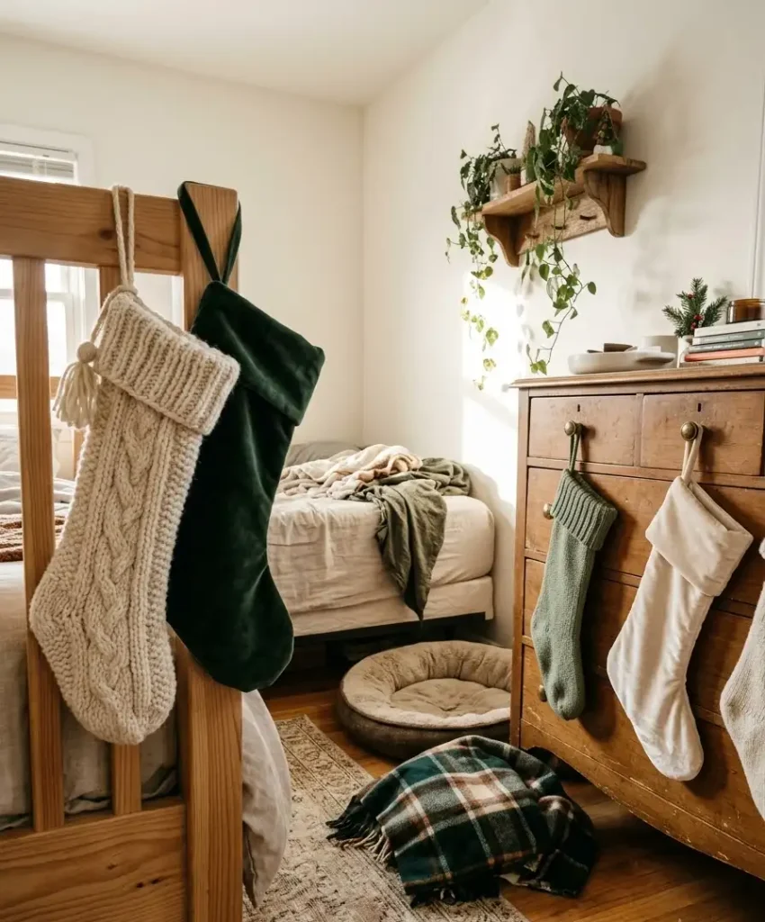 Stockings on the bedposts or dresser