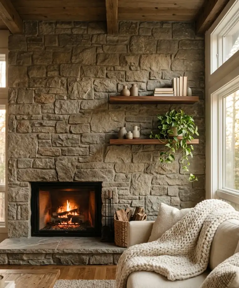 Stone fireplace wall with floating shelves