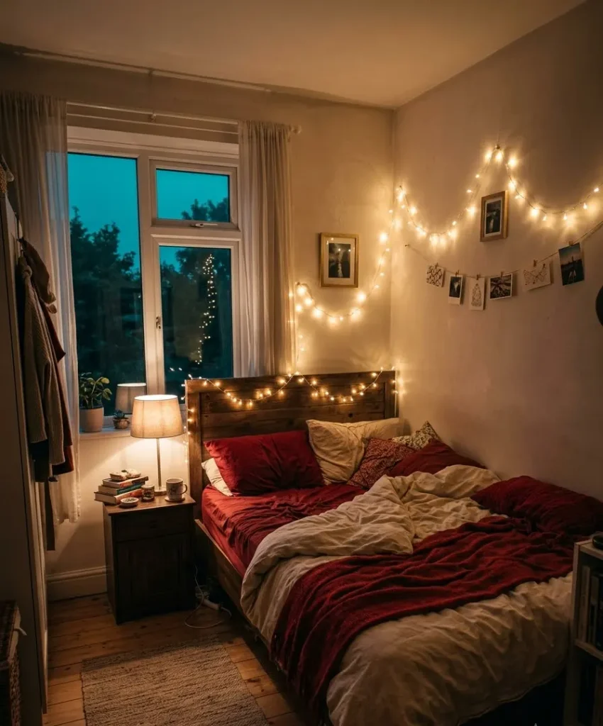 String warm white fairy lights around the bed frame