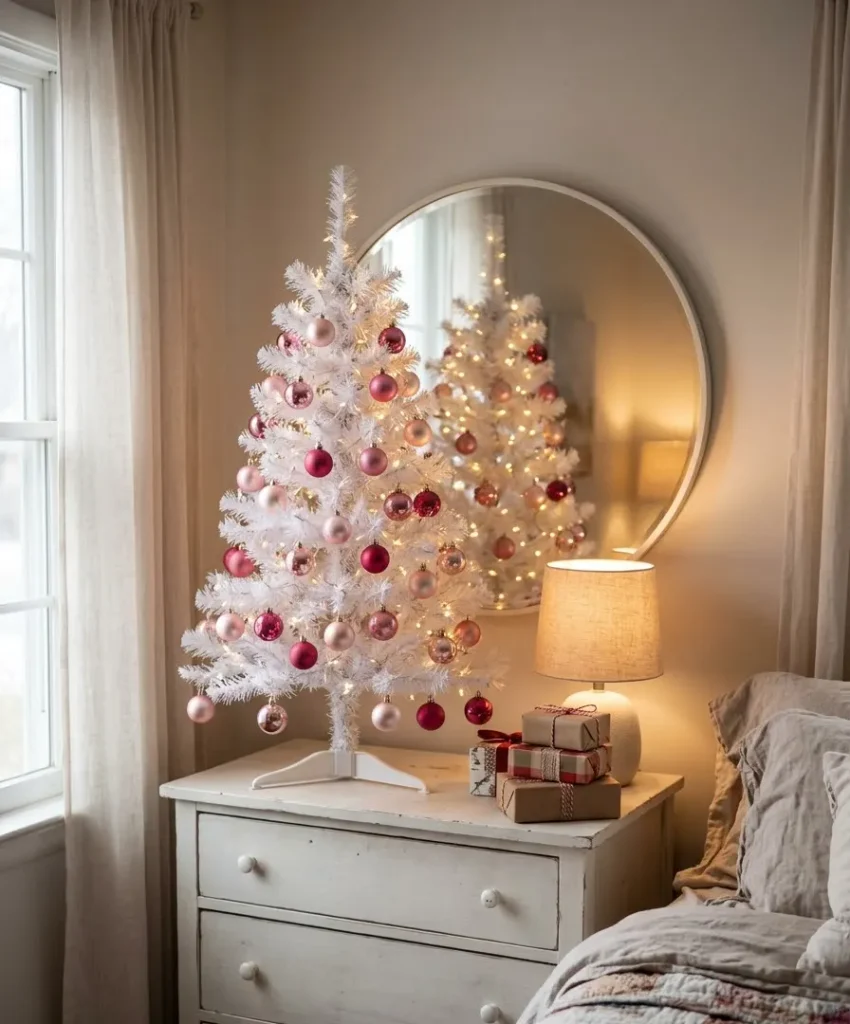 Tabletop white tree with pink ornaments