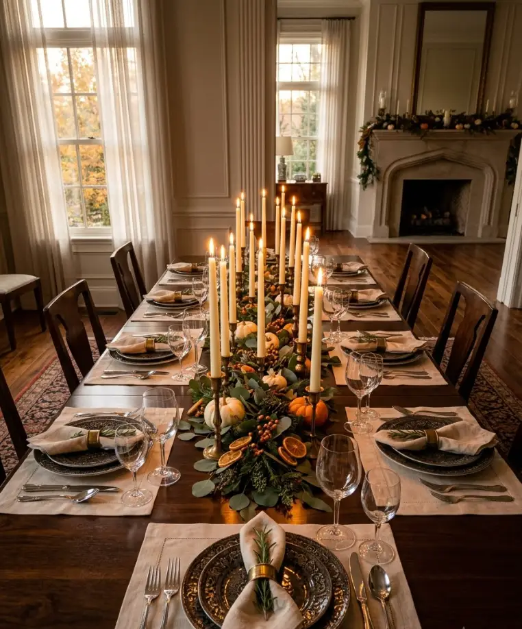 Tall taper candles in painted holders