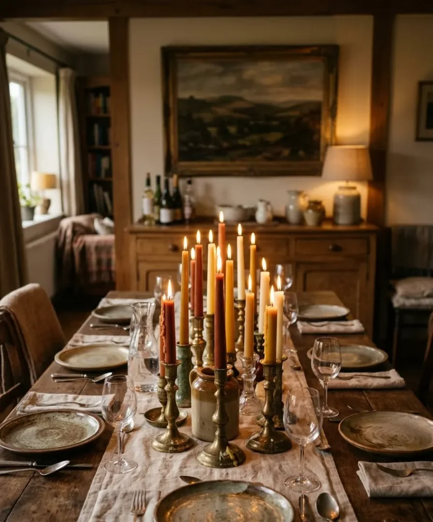 . Taper candles in mismatched holders