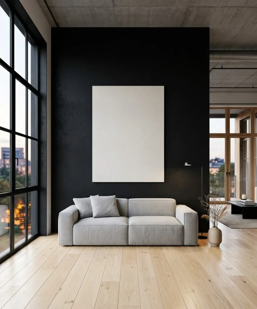 The low-profile sofa with a black accent wall