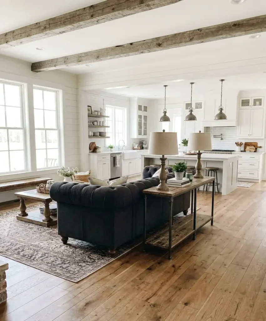 The open-plan farmhouse living room