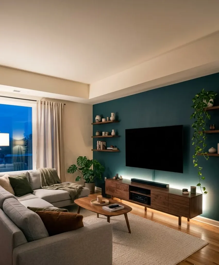 The wall with the TV