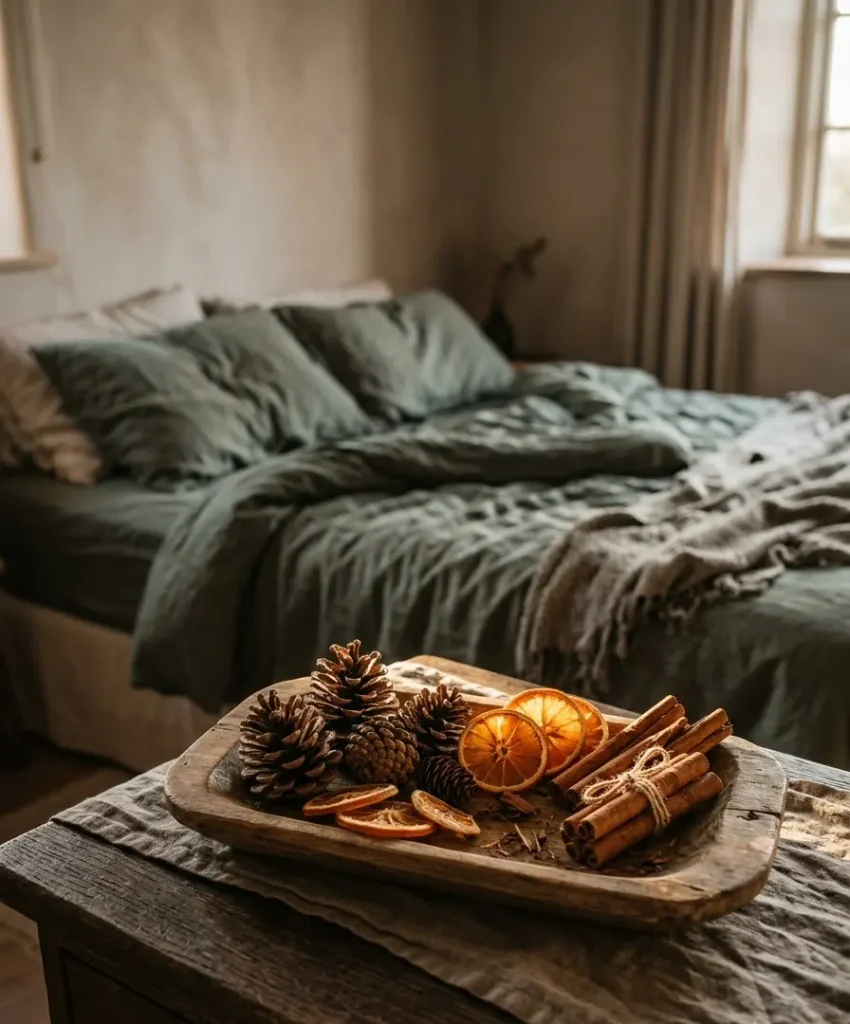 Tray with pinecones and cinnamon sticks