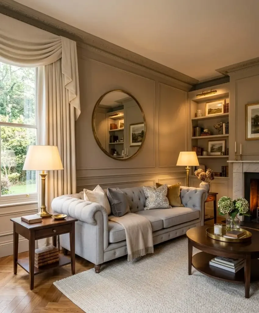 Tufted gray sofa with brass accents