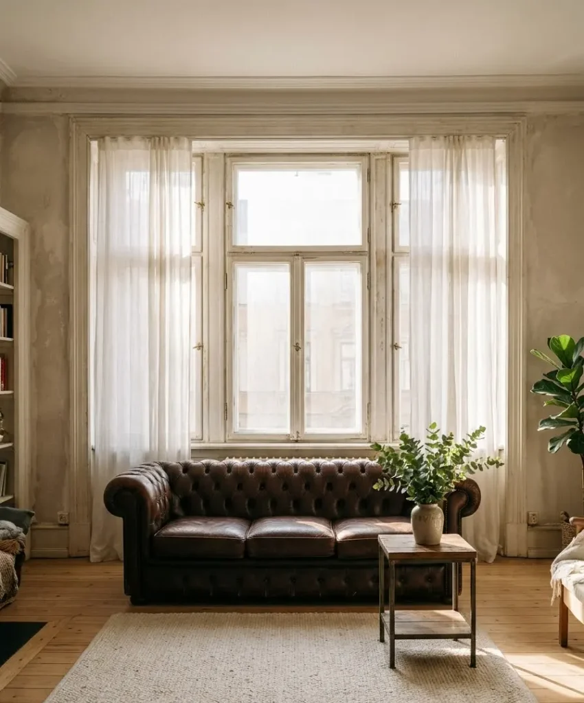 Under a big window with sheer curtains