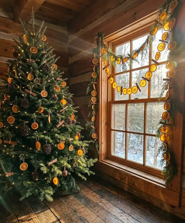 Use pinecones and dried orange slices