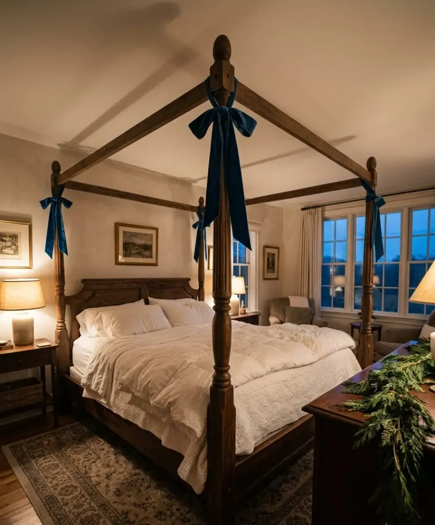 Velvet ribbon on the bedposts